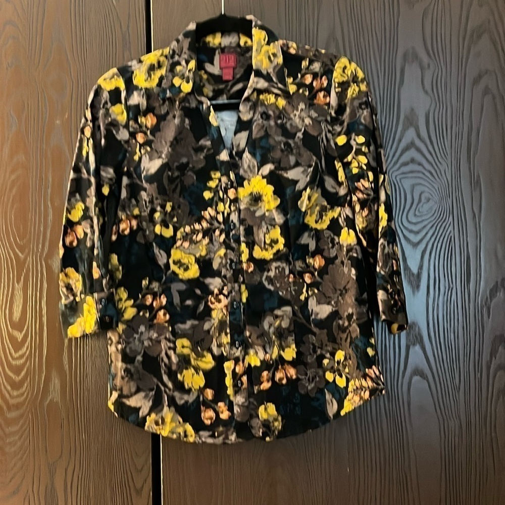 212 Collection black, 3/4 sleeved blouse with multi-colored floral pattern. S